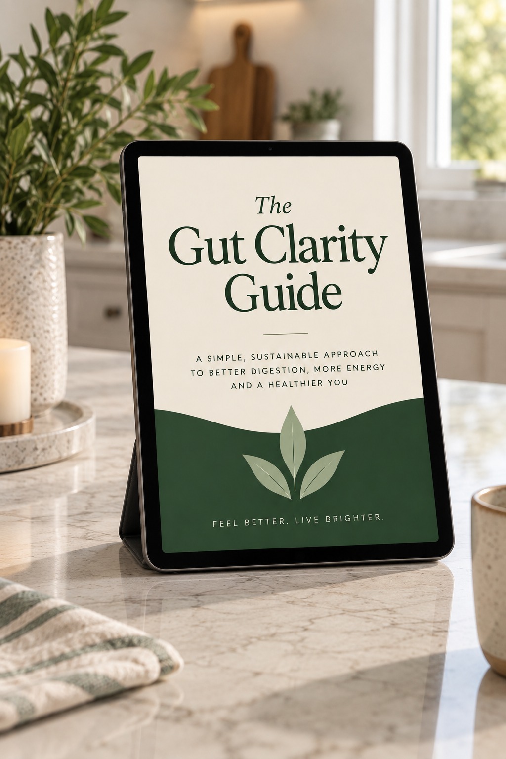 The Gut Clarity Guide ebook cover, cream and forest-green with a leaf motif, shown on a tablet screen